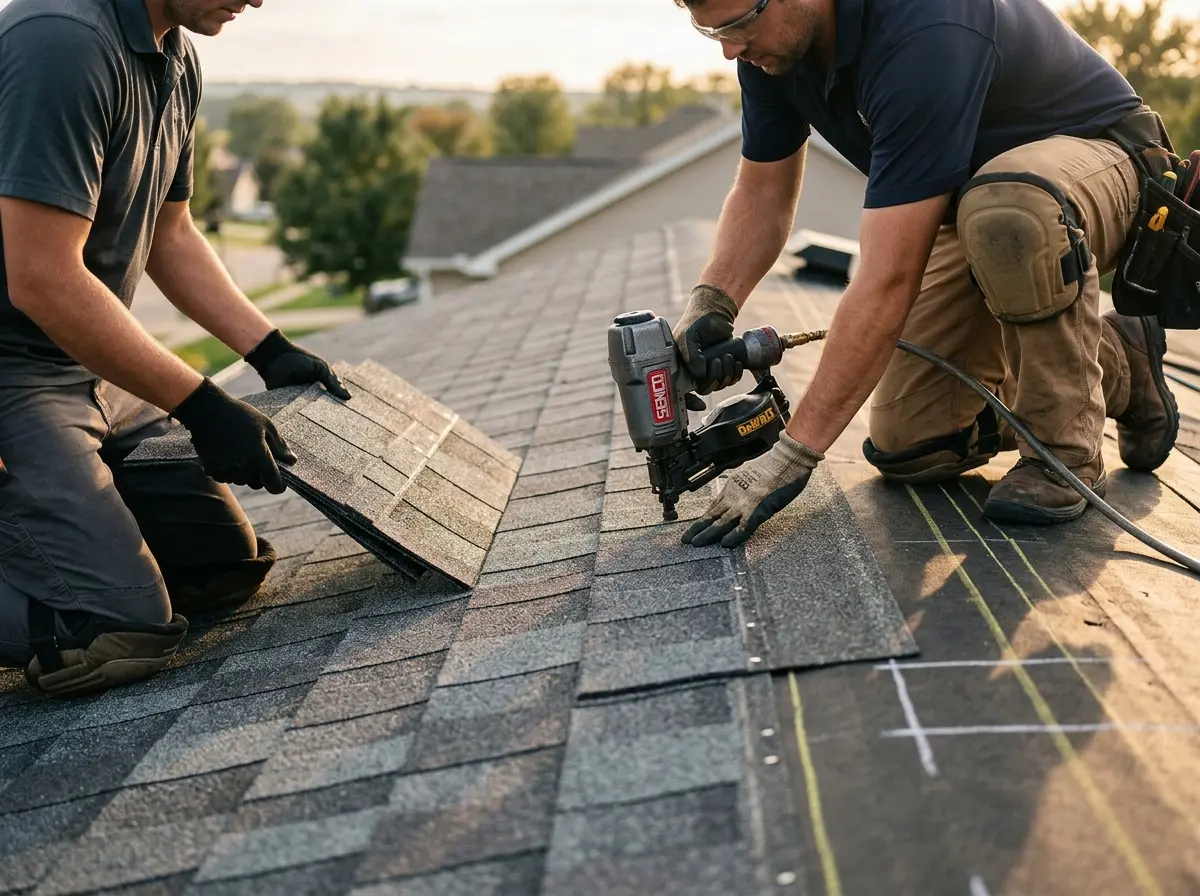 Professional roofer working on a residential roof in Waveland